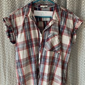 Short Sleeve Plaid Button Down Blouse